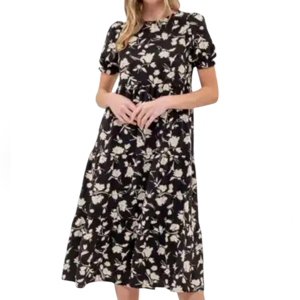 August Sky Short Puff Sleeves Cottagecore Floral Midi Dress...Size Medium